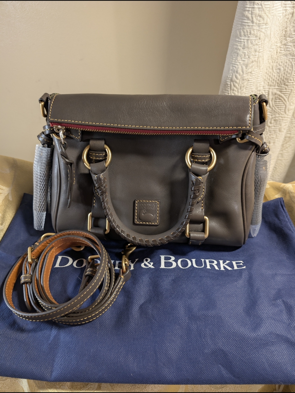 Dooney & Bourke Taupe Leather Satchel with Brass Hardware - Picture 2 of 10